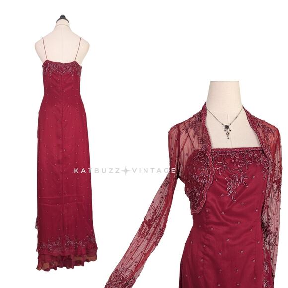 Scala Beaded Prom Dress Maxi Gown S Red Pink Silk Y2K Fairy Y2K Modest Gatsby - Picture 2 of 16